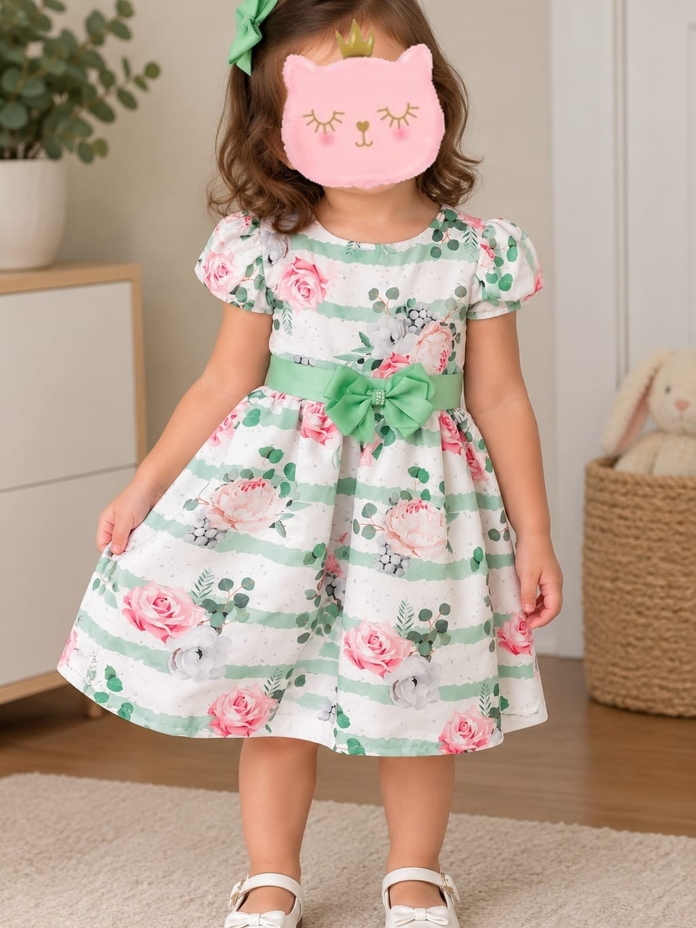 Girls Green Floral Belted Party Dress